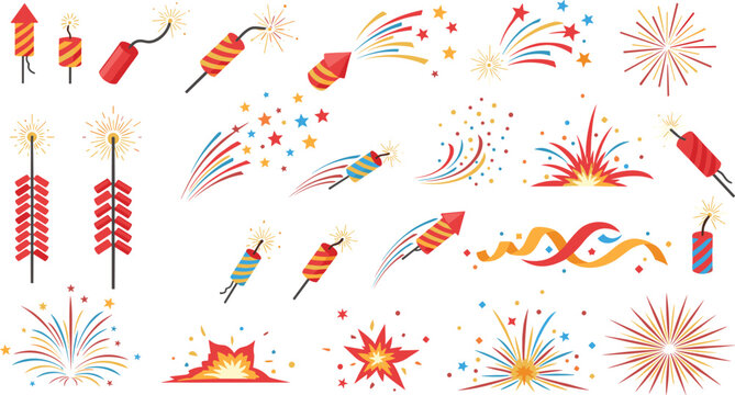 Colorful fireworks and rockets collection with explosion effects and festive sparks, celebration pyrotechnics vector illustration set for holiday and party design