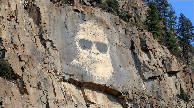 A large bigfoot face painted on a rocky mountain cliff side with green pine trees and blue sky