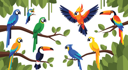 Colorful tropical birds on branches with leaves parrots toucans and macaws representing exotic wildlife jungle nature illustration © MdNipon
