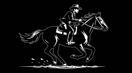 Fototapeta premium White outline illustration of a cowboy riding a galloping horse on a black background.
