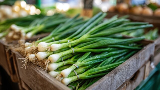Spring season, garden, flower, fresh, life. A wooden crate filled with fresh green onions, with a blurred background suggesting a market setting. The onions are a vibrant green.
