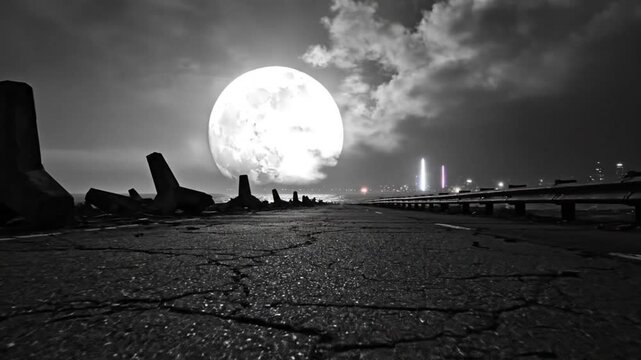 Dramatic black and white landscape of a road leading toward a super moon over the ocean under a cloudy night sky