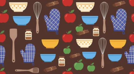 A seamless pattern featuring various kitchen utensils, baking ingredients like apples and cinnamon, and colorful bowls on a brown background, perfect for culinary themes. © Abhinaya Project
