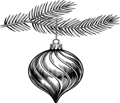 Christmas ornament vector illustration, hanging bauble on pine tree branch, hand drawn sketch on white background