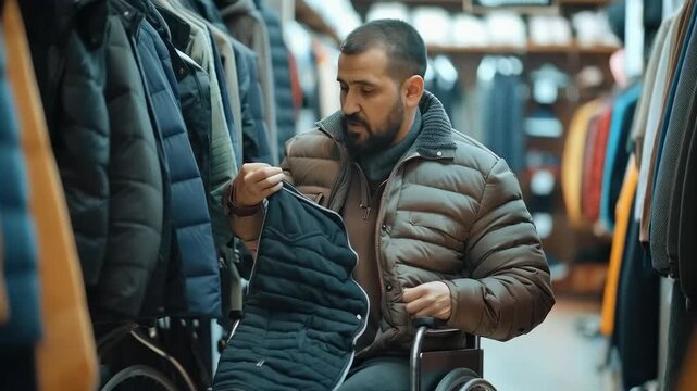 A man in a wheelchair is selecting items in the shop; a backdrop for articles on inclusion
