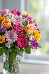 Obraz premium Spring season, garden, flower, fresh, life. A vibrant bouquet of pink, yellow, and white flowers arranged in a clear vase on a table. The background is slightly blurred, emphasizing the bouquet.