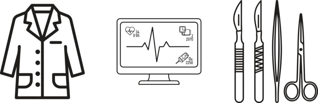 Medical icons, doctor lab coat, surgical tools, ECG monitor, healthcare symbols