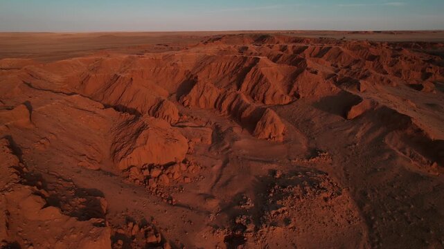 Drone Sunset Scene At Flaming Cliffs, Mongolia Gobi Desert