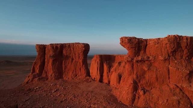 Aerial Dusk Flaming Cliffs, Mongolia Gobi Desert Sunset