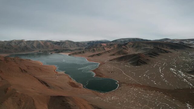 Aerial Panorama Of Dund Lake Bayan Ulgii Mongolia Mountain Terrain