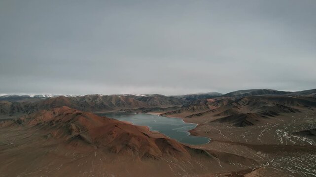 Aerial Landscape Of Dund Lake Bayan Ulgii Mongolia And Frozen Shore