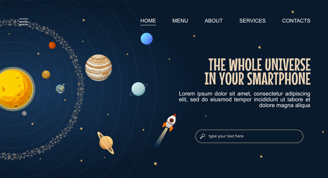 The Whole Universe In Your Smartphone webpage template with solar system. Vector illustration