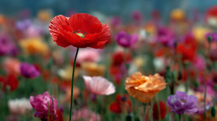 Fototapeta premium Red poppy standing tall among a sea of multicolored poppies, perfectly centered frame