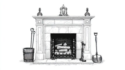 Fototapeta premium Engraving sketch of classic fireplace with tools, firewood and ornate mantel in vintage interior setting