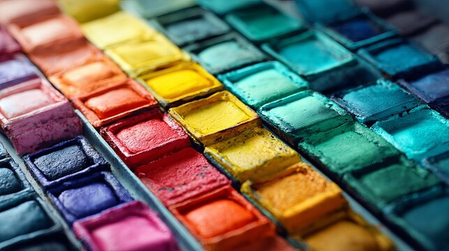 A close-up view of a vibrant watercolor paint palette with numerous colorful squares