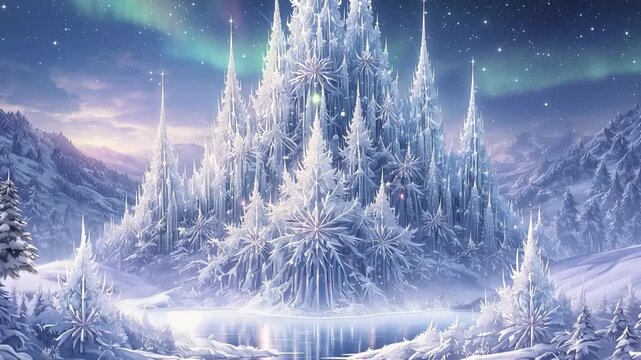 Frozen crystal palace in snowy fantasy landscape glowing ice castle under starry winter sky at night