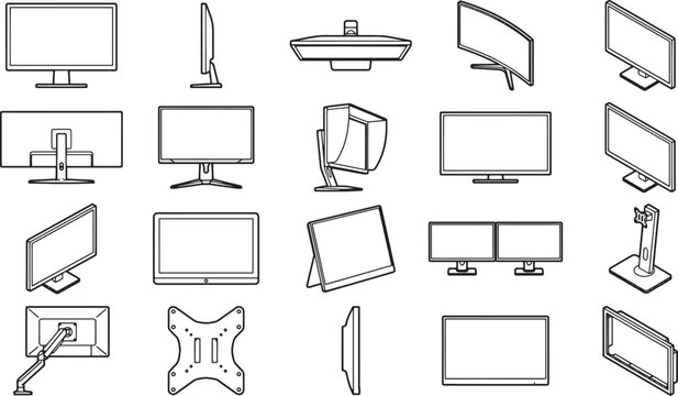 A comprehensive illustration of diverse monitor designs, showcasing various shapes and perspectives.