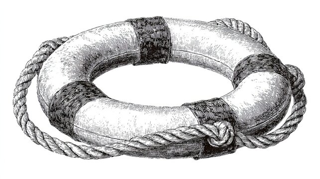 Marine lifebuoy with rope in detailed vintage engraving sketch illustration isolated on white background