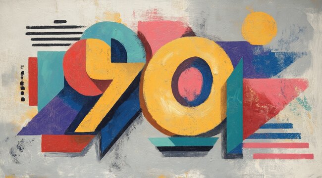 Grunge style number 90 painted on wall. Retro decade sign with geometric shape and colorful abstract art pattern. Artistic background for vintage theme celebration and creative design project.