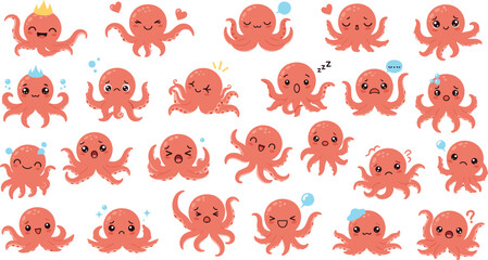 Cute octopus characters collection with various emotions and expressions, kawaii sea creatures in playful poses vector illustration set for kids and marine design © MstMukta