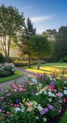 Obraz premium Serene Garden Landscape with Colorful Flowers and Morning Light