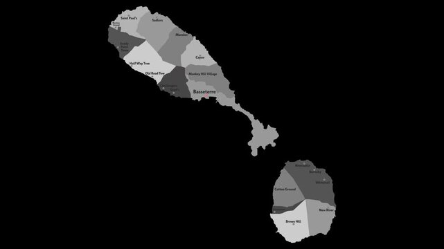 Vector map of Saint Kitts and Nevis with names of cities and with borders city
