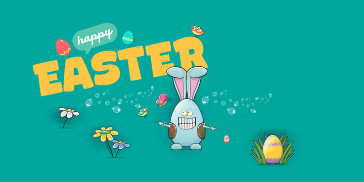 Happy Easter horizontal banner. Funny cartoon rock and roll bunny egg character with metal horns hand sign on turquoise background. Creative spring Easter holiday vector illustration