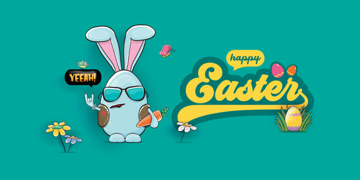 Happy Easter horizontal banner. Funny cartoon rock and roll bunny egg character with metal horns hand sign on turquoise background. Creative spring Easter holiday vector illustration