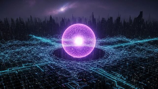 Futuristic cyberpunk grid with a glowing sphere and fantasy digital technology style