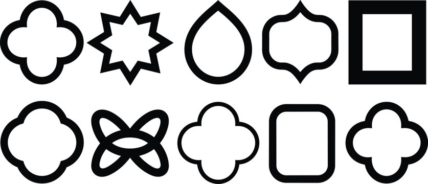 Collection of Ten Black Outlined Geometric and Organic Shapes on White Background