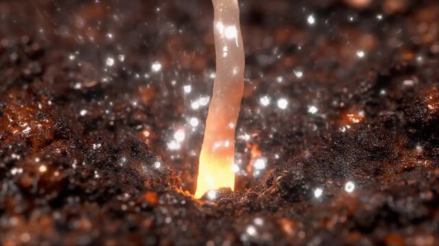 Root Hair Absorption. Plant Cells & Micro-Nature (Scientific Visualization). Scientific Storytelling. microscopic root hairs pulling in glowing water molecules and minerals from the soil grains
