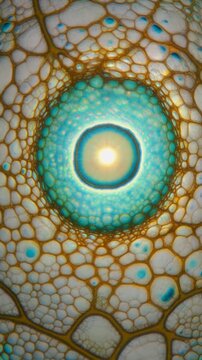 The Micro-Sun Gaze. Plant Cells & Micro-Nature (Scientific Visualization). Micro-Nature. A leaf looking up toward the stomata opening to reveal a distorted, bright sun through the cellular layers

