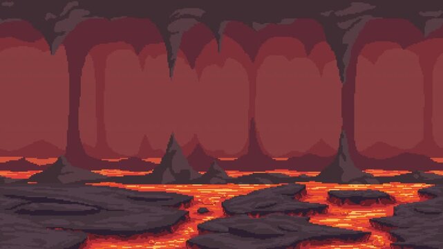 Pixel art volcanic cave with flowing lava and parallax horizontal scrolling. Seamless loop animation for retro video game backgrounds, fantasy worlds, danger, heat and underground environments.