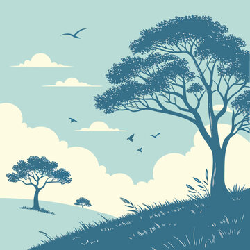A landscape with trees and birds flying overhead