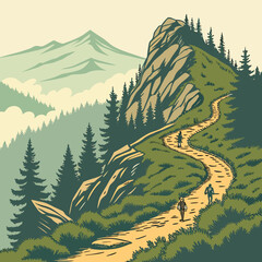 Hikers on a winding trail through a mountainous landscape © PixelFusion
