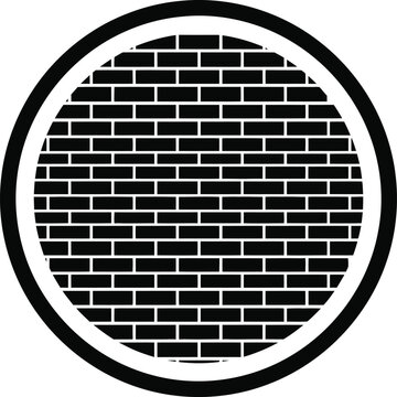 Black brick wall pattern inside a black outlined circle with white accents