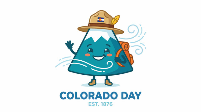 Colorado Day Est 1876 Cartoon Mountain Mascot Waving Happy Greeting with Backpack and Hat