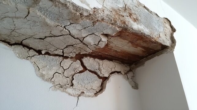 A close-up view of a damaged ceiling with cracked and peeling paint