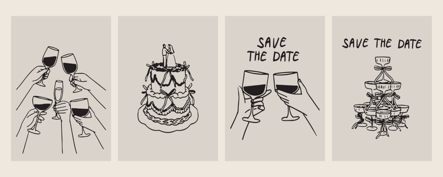 vintage wedding cake and toast doodles, set of hand drawn celebration icons, classic line art graphic elements, save the date sketches, retro anniversary illustrations, vector romantic graphics, elega