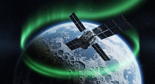 Modern communication satellite in orbit around a cratered planet with vibrant green aurora borealis in deep space