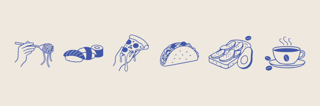  set of hand drawn food doodles, simple blue line art slice of pizza, Mexican taco icon, rustic vector elements, home cooking illustrations, retro culinary sketches, menu design graphics

