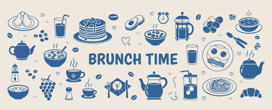 hand drawn brunch time doodles, vector breakfast food and drink icons, set of blue line art kitchenware, pancakes and coffee sketches, cafe menu graphics, simple morning routine illustrations, rustic 