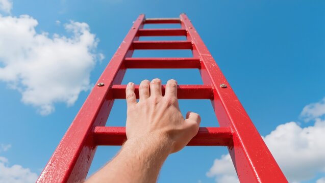 First-person perspective of a hand reaching for the vibrant red ladder against a clear blue sky symbolizing ambition upward trajectory and the pursuit of dreams and opportunities with clear vision.