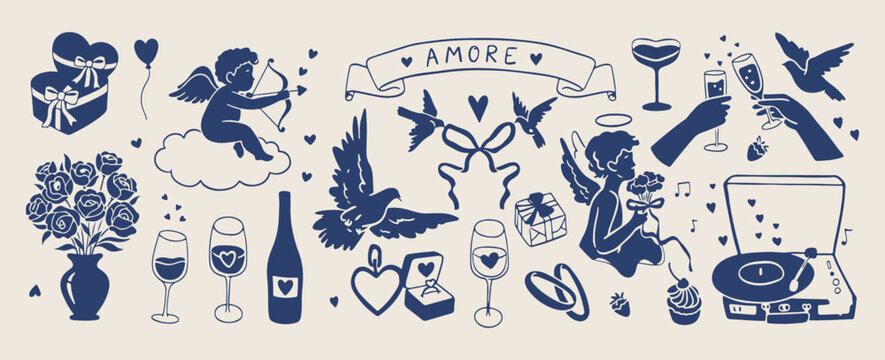 vintage romantic dove and floral doodles, set of hand drawn amore letters, simple blue line art heart icons, ribbon and flower sketches, classic love illustrations, wedding and anniversary graphics, 