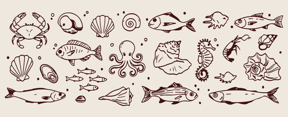  vintage sea food doodles, hand drawn ocean life, fish and octopus icons, shellfish and lobster set, marine animals art, blue line art, set of kitchen elements   © Geetaroy