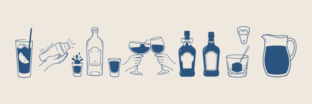  set of vintage drinking icons, hand drawn cocktail and liquor bottles, simple blue line art glassware, home bar elements, happy hour doodles, restaurant and cafe graphics, vector party sketches

