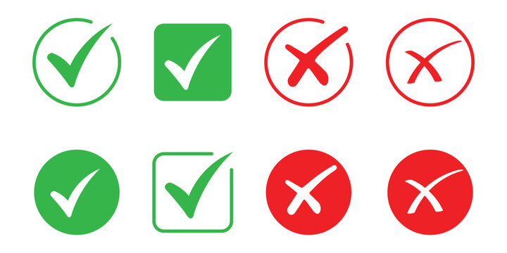 Check box icon with right and wrong button icon vector illustration. Hand drawn checkmark illustration. green tick box and red cross. Editable stroke.