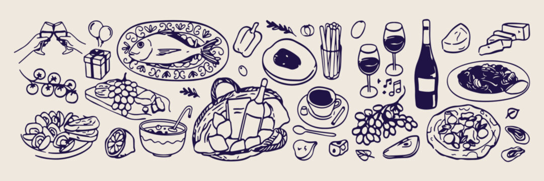 vintage breakfast food doodle, hand drawn brunch menu, bacon eggs and toast, breakfast icons, cafe meal illustration, blue line art, set of kitchen elements
