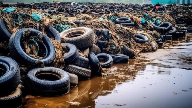 Mountains of garbage from car tires near the reservoir. The concept of an environmental disaster. Generative AI video.