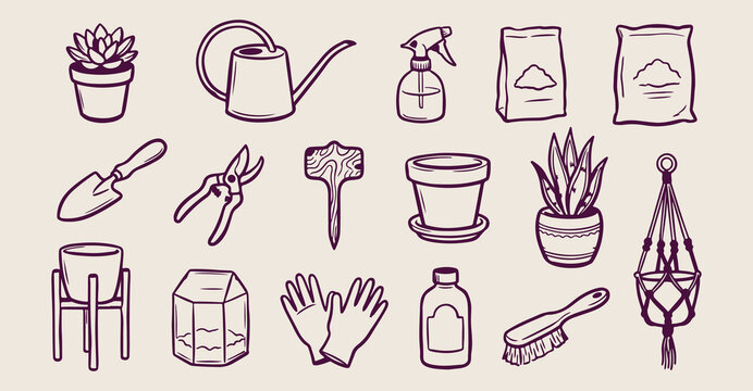 Indoor plant care doodles, hand drawn houseplant sketches, urban jungle lifestyle icons, botanical home decor elements, whimsical flower pot clip art, gardening hobby sticker set, eco friendly interio
